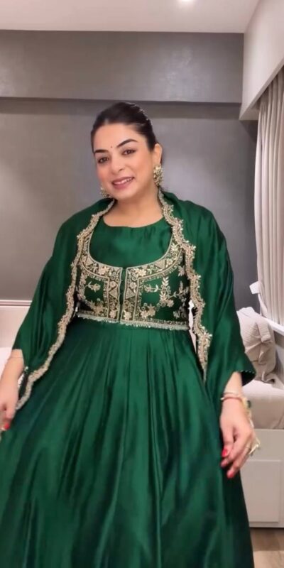 Green Chinon Silk Sequins Embroidery Work Gown | Gowns, Bollywood Gowns, Creative Gowns, Designer Gowns, Embroidered Gowns, Party Wear Gowns