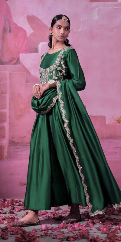 Green Chinon Silk Sequins Embroidery Work Gown | Gowns, Bollywood Gowns, Creative Gowns, Designer Gowns, Embroidered Gowns, Party Wear Gowns