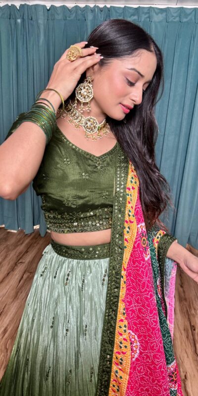 Green Chinon Silk Sequins Work Lehenga Choli | Lehenga, Bollywood Lehenga, Creative Lehenga, Designer Lehenga, Embroidered Lehenga, Party Wear Lehenga