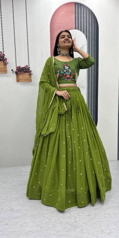 Green Cotton Kalamkari Embroidery Work Lehenga Choli | Lehenga, Bollywood Lehenga, Creative Lehenga, Designer Lehenga, Embroidered Lehenga, Party Wear Lehenga