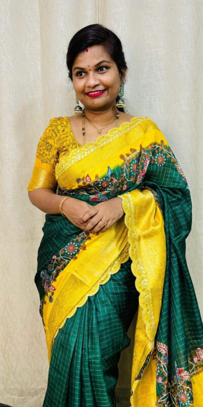 Green Dola Mangalagiri Checks Floral Print Saree | Sarees, Bollywood Sarees, Creative Sarees, Designer Sarees, Embroidered Sarees, Ethnic Saree, Modern Digital sarees, Party Wear Sarees
