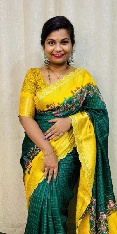 Green Dola Mangalagiri Checks Floral Print Saree | Sarees, Bollywood Sarees, Creative Sarees, Designer Sarees, Embroidered Sarees, Ethnic Saree, Modern Digital sarees, Party Wear Sarees