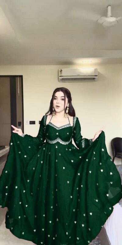 Green Georgette Sequence Gown | Gowns, Bollywood Gowns, Creative Gowns, Designer Gowns, Embroidered Gowns, Party Wear Gowns