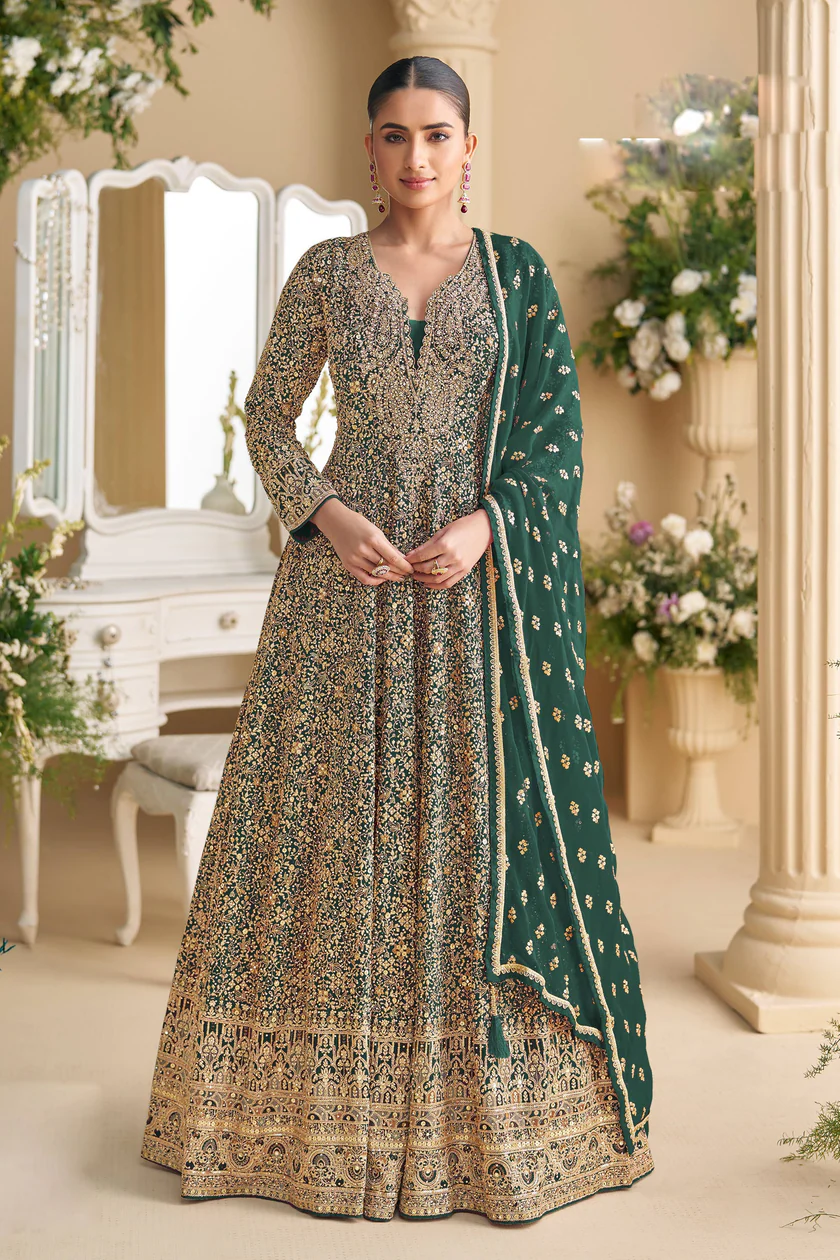 Green Georgette Thread Sequence Work Salwar Suit | Jump Suits, Salwar suit, Casual Suits, Creative suits, Designer Suits, Palazzo Suits, Party Wear Suits, Patiala Suits, Straight Suits