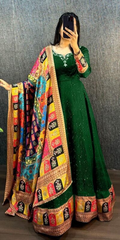 Green Georgette Wide Sequence Work Anarkali Gown | Gowns, Bollywood Gowns, Creative Gowns, Designer Gowns, Embroidered Gowns, Party Wear Gowns, Straight Suits