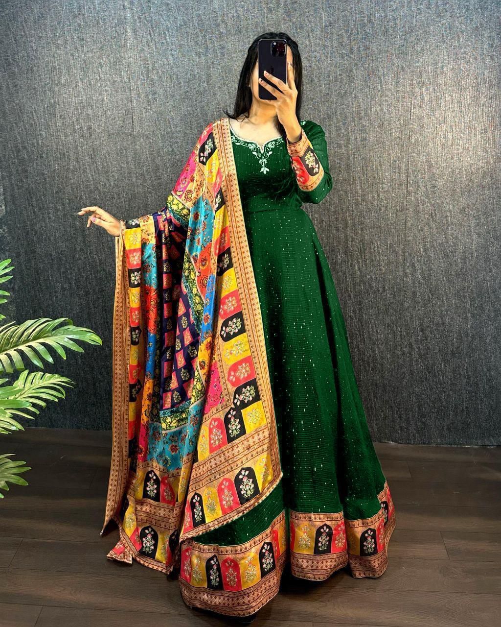 Green Georgette Wide Sequence Work Anarkali Gown | Gowns, Bollywood Gowns, Creative Gowns, Designer Gowns, Embroidered Gowns, Party Wear Gowns, Straight Suits