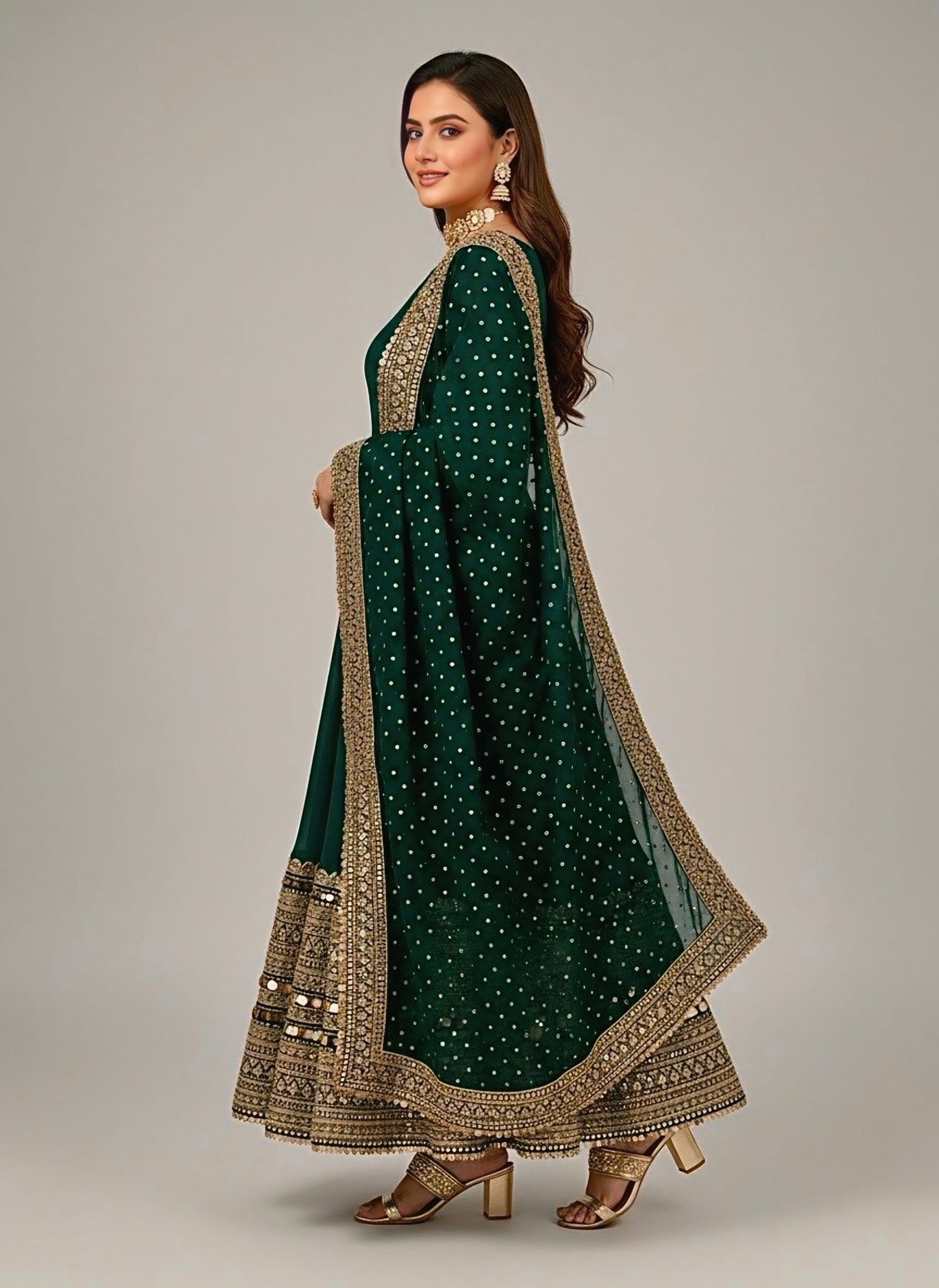 Green Roman Silk Embroidery Lace Work Gown | Gowns, Bollywood Gowns, Creative Gowns, Designer Gowns, Embroidered Gowns, Party Wear Gowns