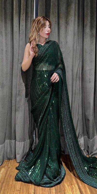 Green Sequin Georgette Embroidery Work Saree | Sarees, Bollywood Sarees, Creative Sarees, Designer Sarees, Embroidered Sarees, Ethnic Saree, Modern Digital sarees, Party Wear Sarees