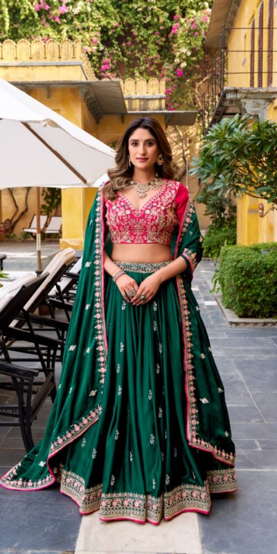 Green Silk Satin Sequins Work Lehenga Choli | Lehenga, Bollywood Lehenga, Creative Lehenga, Designer Lehenga, Embroidered Lehenga, Party Wear Lehenga