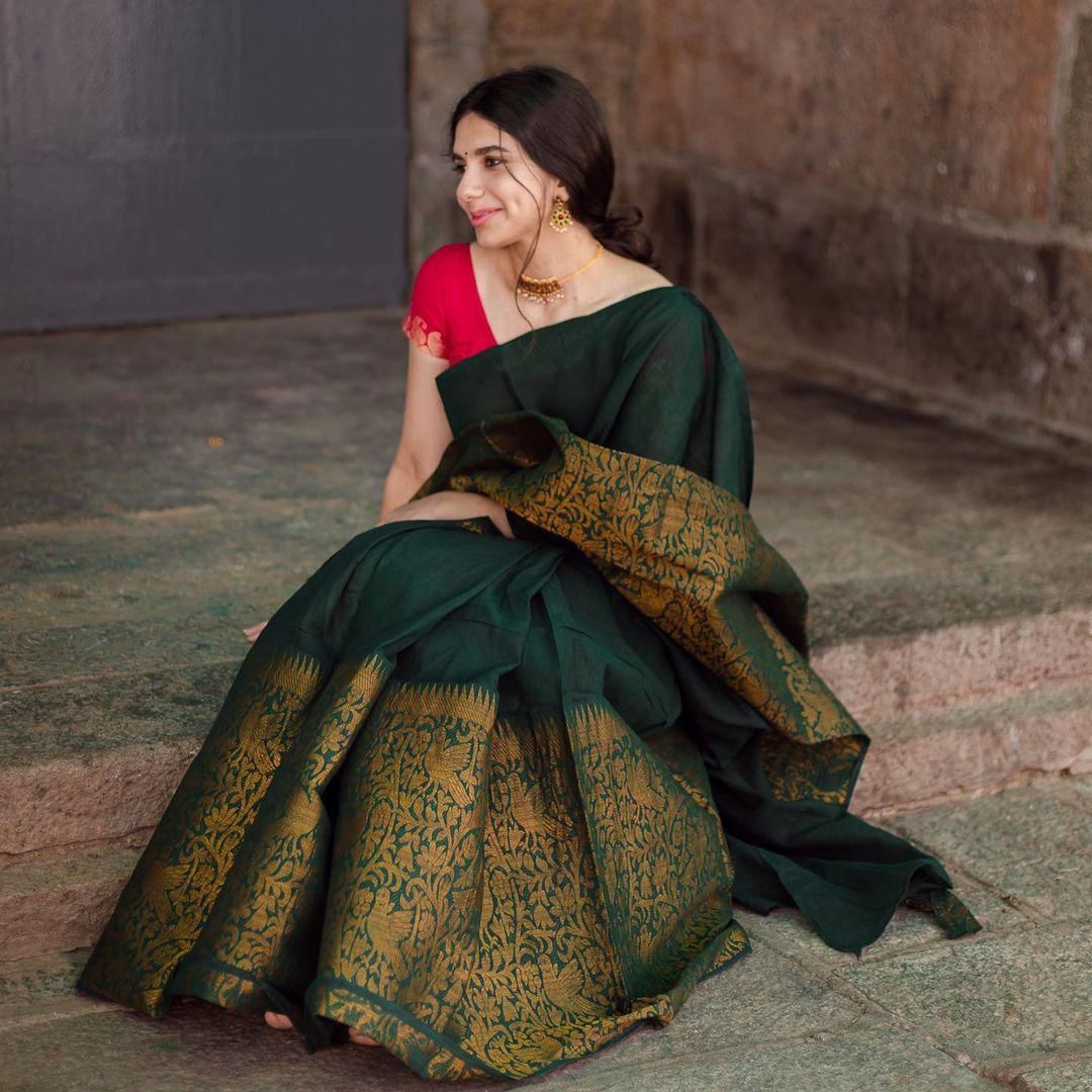 Green Soft Lichi Silk Jacquard Border Saree | Sarees, Bollywood Sarees, Creative Sarees, Designer Sarees, Embroidered Sarees, Ethnic Saree, Modern Digital sarees, Party Wear Sarees
