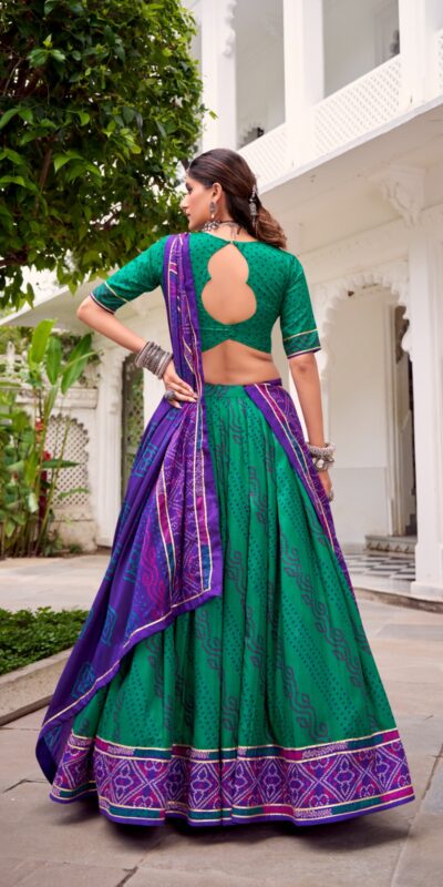 Green Tasar Silk Bandhej Print Lehenga Choli | Lehenga, Bollywood Lehenga, Creative Lehenga, Designer Lehenga, Embroidered Lehenga, Party Wear Lehenga
