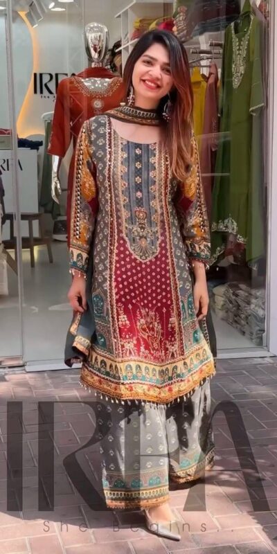 Grey Faux Georgette Mirror Work Print Salwar Suit | Jump Suits, Salwar suit, Casual Suits, Creative suits, Designer Suits, Palazzo Suits, Party Wear Suits, Patiala Suits, Straight Suits
