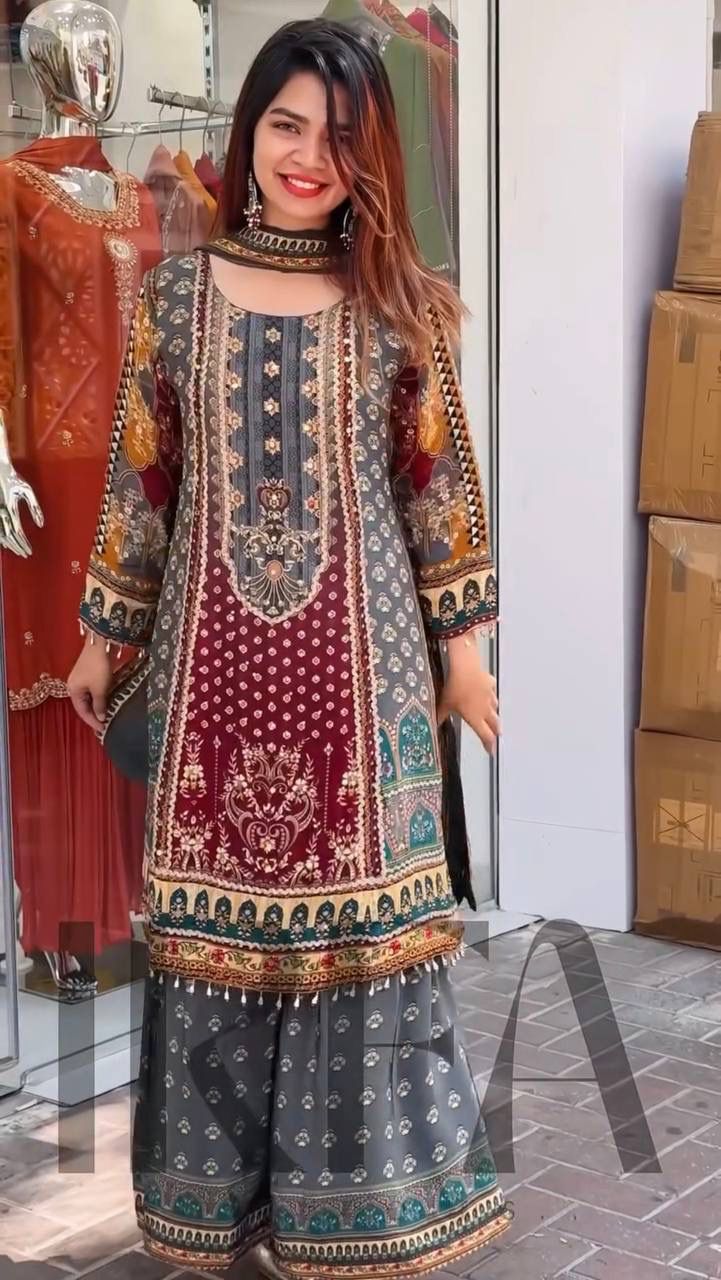 Grey Faux Georgette Mirror Work Print Salwar Suit | Jump Suits, Salwar suit, Casual Suits, Creative suits, Designer Suits, Palazzo Suits, Party Wear Suits, Patiala Suits, Straight Suits
