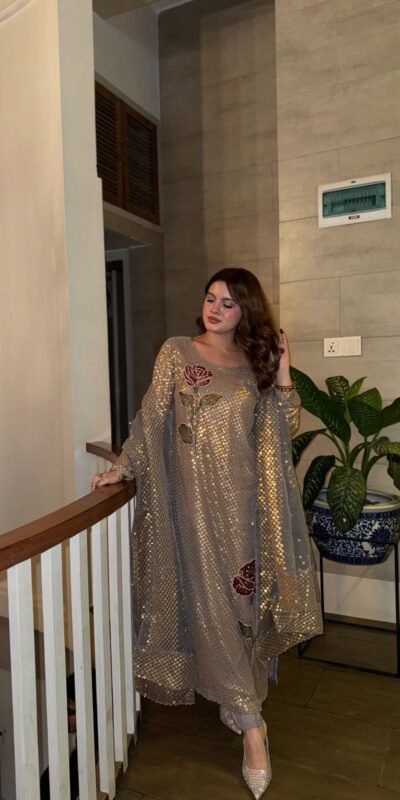 Grey Faux Georgette With Sequins Work Salwar Suit | Jump Suits, Salwar suit, Casual Suits, Creative suits, Designer Suits, Palazzo Suits, Party Wear Suits, Patiala Suits, Straight Suits
