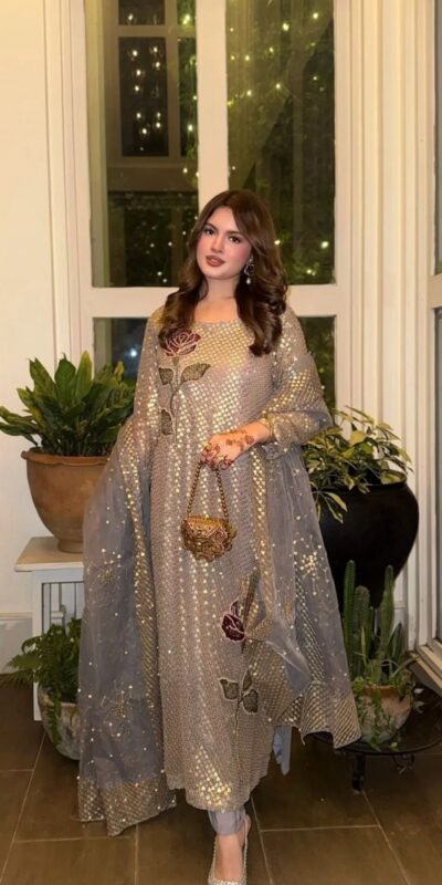 Grey Faux Georgette With Sequins Work Salwar Suit | Jump Suits, Salwar suit, Casual Suits, Creative suits, Designer Suits, Palazzo Suits, Party Wear Suits, Patiala Suits, Straight Suits