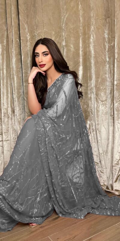 Grey Georgette Embroidery Sequence Piping Saree | Sarees, Bollywood Sarees, Creative Sarees, Designer Sarees, Embroidered Sarees, Ethnic Saree, Modern Digital sarees, Party Wear Sarees