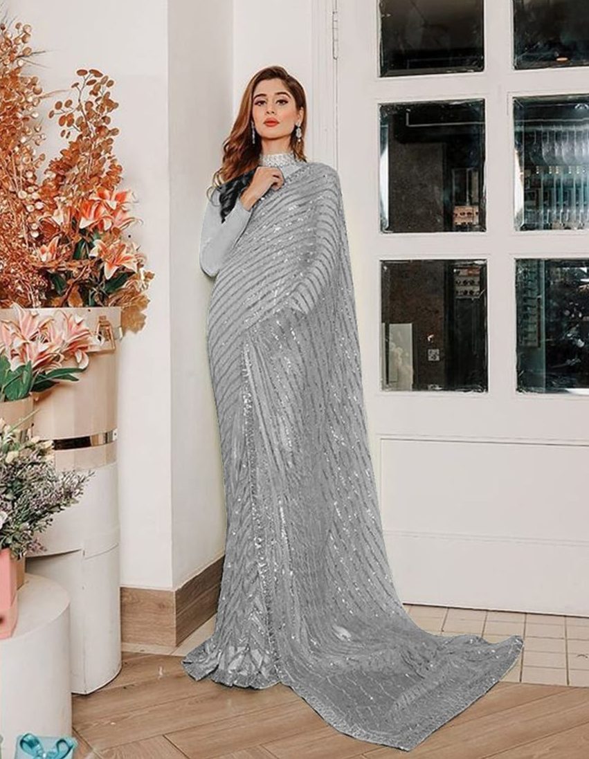 Grey Georgette Multi Sequin Embroidered
Saree | Sarees, Bollywood Sarees, Creative Sarees, Designer Sarees, Embroidered Sarees, Ethnic Saree, Modern Digital sarees, Party Wear Sarees
