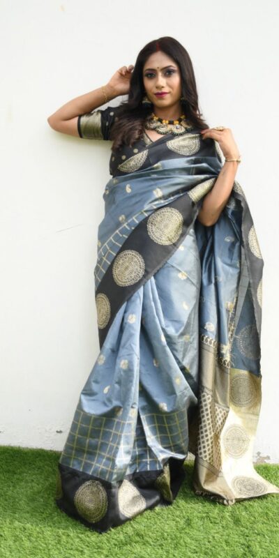 Grey Lichi Silk On All Over Border Saree | Sarees, Bollywood Sarees, Creative Sarees, Designer Sarees, Embroidered Sarees, Ethnic Saree, Modern Digital sarees, Party Wear Sarees