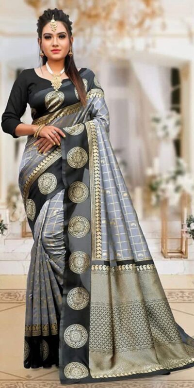 Grey Lichi Silk On All Over Border Saree | Sarees, Bollywood Sarees, Creative Sarees, Designer Sarees, Embroidered Sarees, Ethnic Saree, Modern Digital sarees, Party Wear Sarees