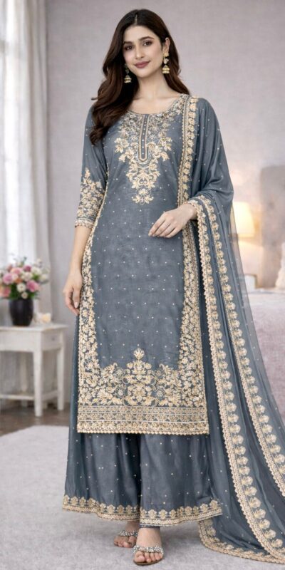 Grey Organza Silk Embroidery Work Salwar Suit | Jump Suits, Salwar suit, Casual Suits, Creative suits, Designer Suits, Palazzo Suits, Party Wear Suits, Patiala Suits, Straight Suits
