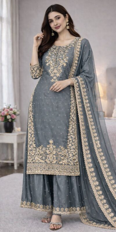 Grey Organza Silk Embroidery Work Salwar Suit | Jump Suits, Salwar suit, Casual Suits, Creative suits, Designer Suits, Palazzo Suits, Party Wear Suits, Patiala Suits, Straight Suits