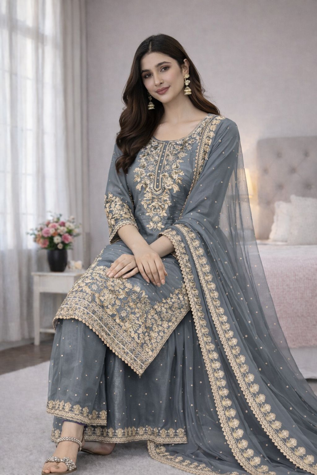 Grey Organza Silk Embroidery Work Salwar Suit | Jump Suits, Salwar suit, Casual Suits, Creative suits, Designer Suits, Palazzo Suits, Party Wear Suits, Patiala Suits, Straight Suits