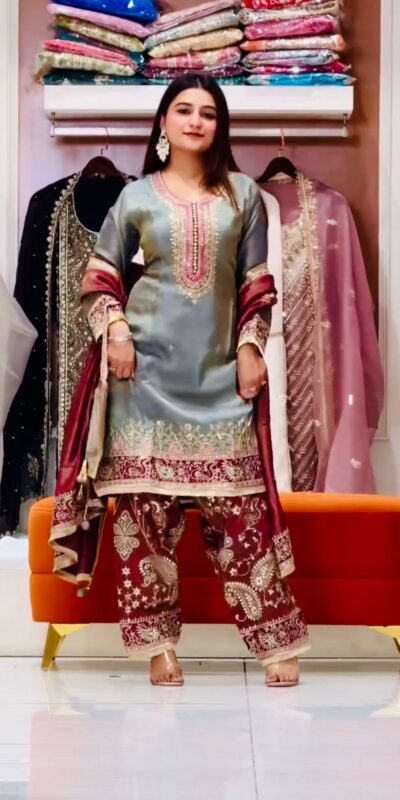 Grey Zimmy Silk Embroidery Work Salwar Suit | Jump Suits, Salwar suit, Casual Suits, Creative suits, Designer Suits, Palazzo Suits, Party Wear Suits, Patiala Suits, Straight Suits