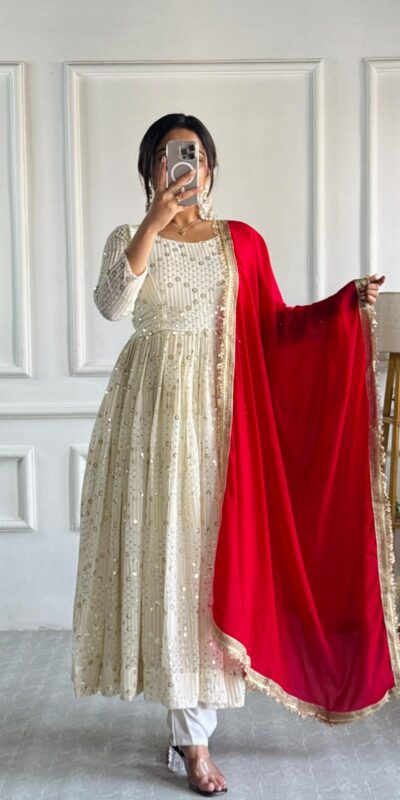 Half White Georgette Embroidery Work Gown | Gowns, Bollywood Gowns, Creative Gowns, Designer Gowns, Embroidered Gowns, Party Wear Gowns