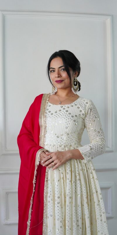 Half White Georgette Embroidery Work Gown | Gowns, Bollywood Gowns, Creative Gowns, Designer Gowns, Embroidered Gowns, Party Wear Gowns