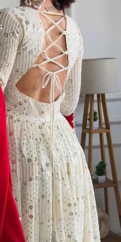 Half White Georgette Embroidery Work Gown | Gowns, Bollywood Gowns, Creative Gowns, Designer Gowns, Embroidered Gowns, Party Wear Gowns