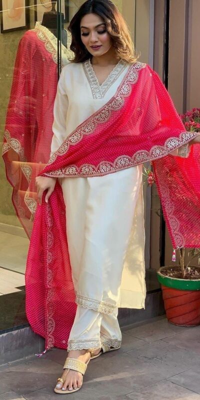 Half White Roman Silk With Red Dupatta Coding Work Salwar Suit | Jump Suits, Salwar suit, Casual Suits, Creative suits, Designer Suits, Palazzo Suits, Party Wear Suits, Patiala Suits, Straight Suits
