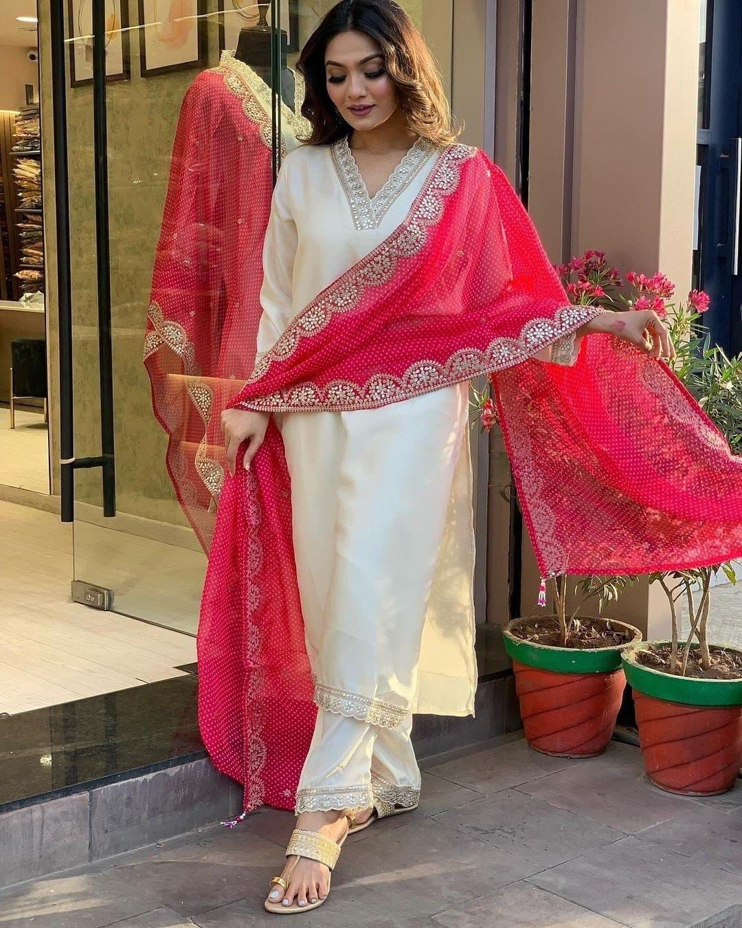 Half White Roman Silk With Red Dupatta Coding Work Salwar Suit | Jump Suits, Salwar suit, Casual Suits, Creative suits, Designer Suits, Palazzo Suits, Party Wear Suits, Patiala Suits, Straight Suits