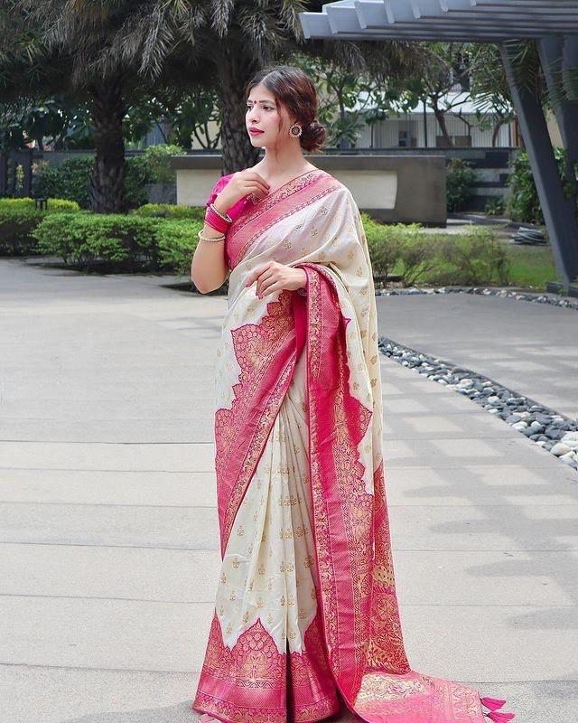 Half White Soft Litchi Silk Jacquard Work On All Over Saree | Sarees, Bollywood Sarees, Creative Sarees, Designer Sarees, Embroidered Sarees, Ethnic Saree, Modern Digital sarees, Party Wear Sarees