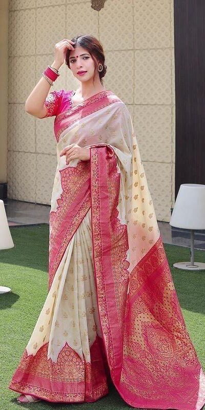 Half White Soft Litchi Silk Jacquard Work On All Over Saree | Sarees, Bollywood Sarees, Creative Sarees, Designer Sarees, Embroidered Sarees, Ethnic Saree, Modern Digital sarees, Party Wear Sarees