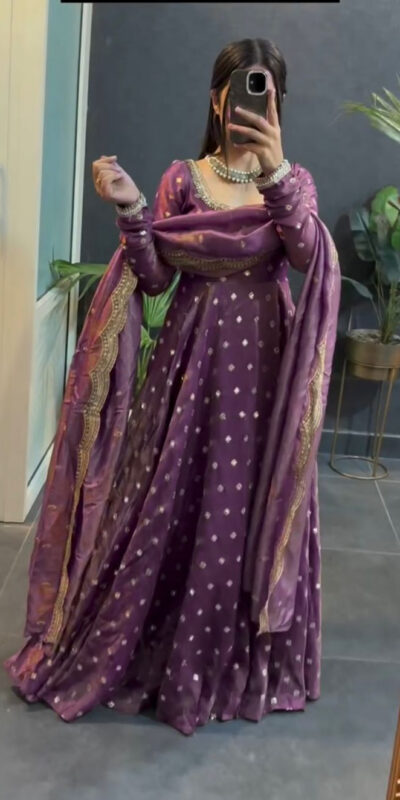 Lavender Fendy Silk Sequence Lace Work Gown | Gowns, Bollywood Gowns, Creative Gowns, Designer Gowns, Embroidered Gowns, Party Wear Gowns