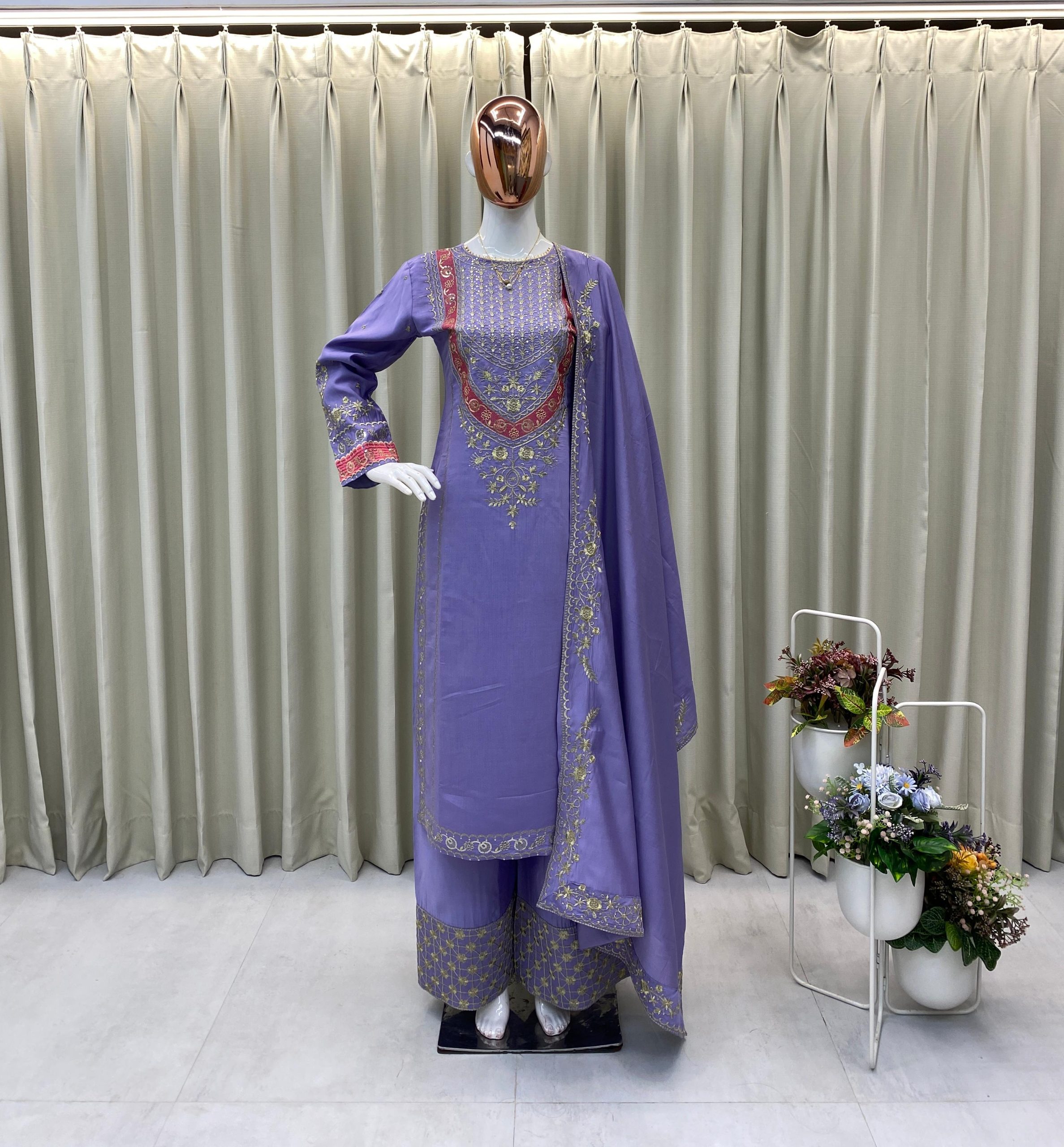 Lavender Roman Silk With Embroidery Salwar Suit | Jump Suits, Salwar suit, Casual Suits, Creative suits, Designer Suits, Palazzo Suits, Party Wear Suits, Patiala Suits, Straight Suits