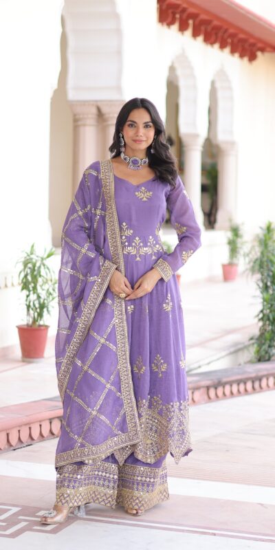 Lavender Silver Crunchy Sequins Work Embroidery Gown | Gowns, Bollywood Gowns, Creative Gowns, Designer Gowns, Embroidered Gowns, Party Wear Gowns