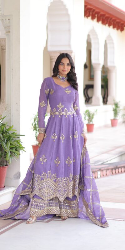 Lavender Silver Crunchy Sequins Work Embroidery Gown | Gowns, Bollywood Gowns, Creative Gowns, Designer Gowns, Embroidered Gowns, Party Wear Gowns