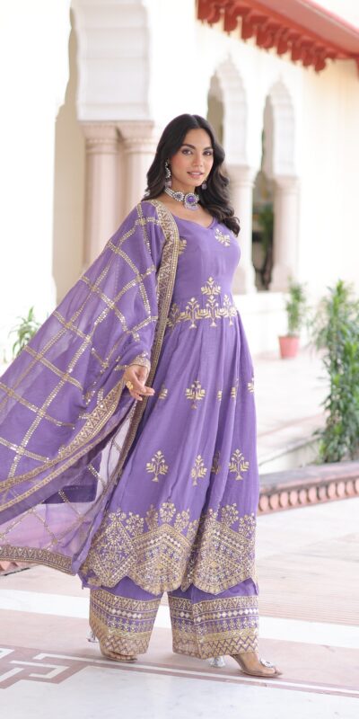 Lavender Silver Crunchy Sequins Work Embroidery Gown | Gowns, Bollywood Gowns, Creative Gowns, Designer Gowns, Embroidered Gowns, Party Wear Gowns