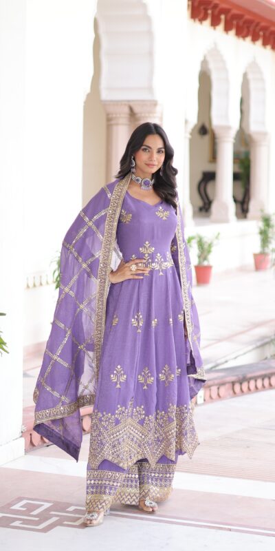 Lavender Silver Crunchy Sequins Work Embroidery Gown | Gowns, Bollywood Gowns, Creative Gowns, Designer Gowns, Embroidered Gowns, Party Wear Gowns