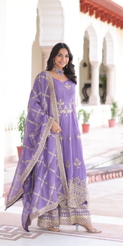 Lavender Silver Crunchy Sequins Work Embroidery Gown | Gowns, Bollywood Gowns, Creative Gowns, Designer Gowns, Embroidered Gowns, Party Wear Gowns
