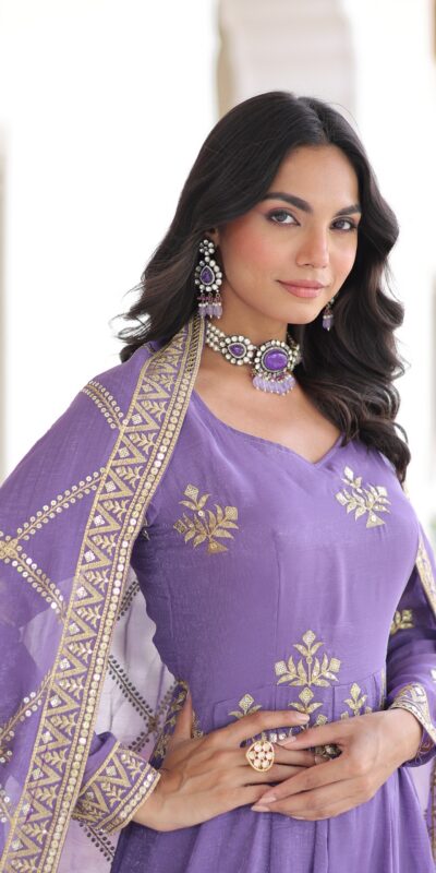 Lavender Silver Crunchy Sequins Work Embroidery Gown | Gowns, Bollywood Gowns, Creative Gowns, Designer Gowns, Embroidered Gowns, Party Wear Gowns