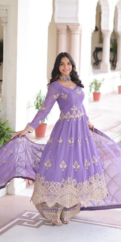 Lavender Silver Crunchy Sequins Work Embroidery Gown | Gowns, Bollywood Gowns, Creative Gowns, Designer Gowns, Embroidered Gowns, Party Wear Gowns