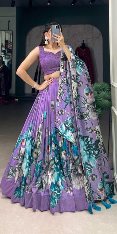 Lavender Tasar Floral Print Lehenga Choli | Lehenga, Bollywood Lehenga, Creative Lehenga, Designer Lehenga, Embroidered Lehenga, Party Wear Lehenga