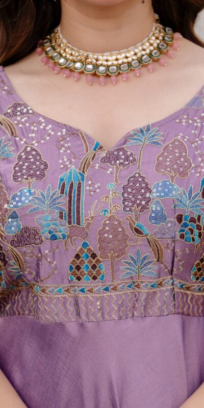 Lavender Vichitra Silk Embroider Work Gown | Gowns, Bollywood Gowns, Creative Gowns, Designer Gowns, Embroidered Gowns, Party Wear Gowns