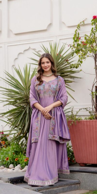 Lavender Vichitra Silk Embroider Work Gown | Gowns, Bollywood Gowns, Creative Gowns, Designer Gowns, Embroidered Gowns, Party Wear Gowns