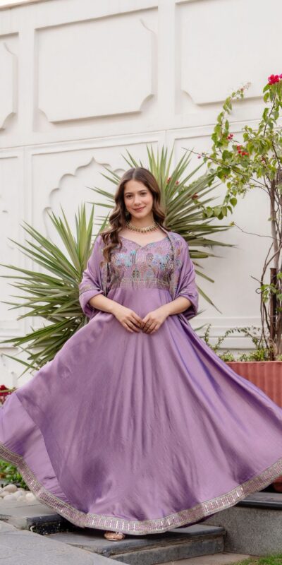 Lavender Vichitra Silk Embroider Work Gown | Gowns, Bollywood Gowns, Creative Gowns, Designer Gowns, Embroidered Gowns, Party Wear Gowns