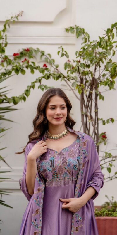 Lavender Vichitra Silk Embroider Work Gown | Gowns, Bollywood Gowns, Creative Gowns, Designer Gowns, Embroidered Gowns, Party Wear Gowns