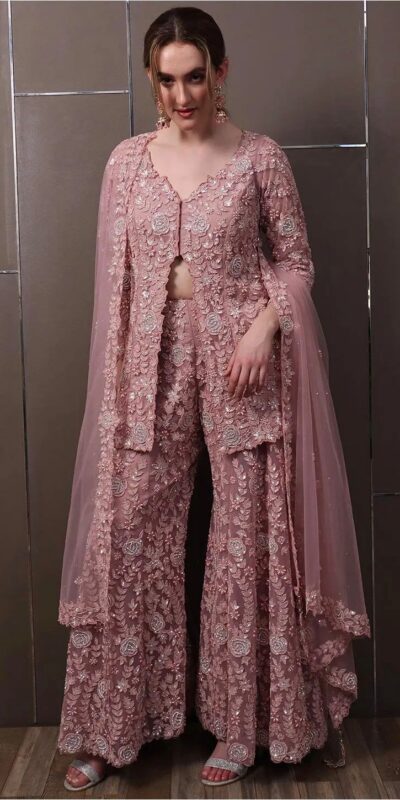 Light Pink Faux Georgette Lace Work Salwar Suit | Jump Suits, Salwar suit, Casual Suits, Creative suits, Designer Suits, Palazzo Suits, Party Wear Suits, Patiala Suits, Straight Suits