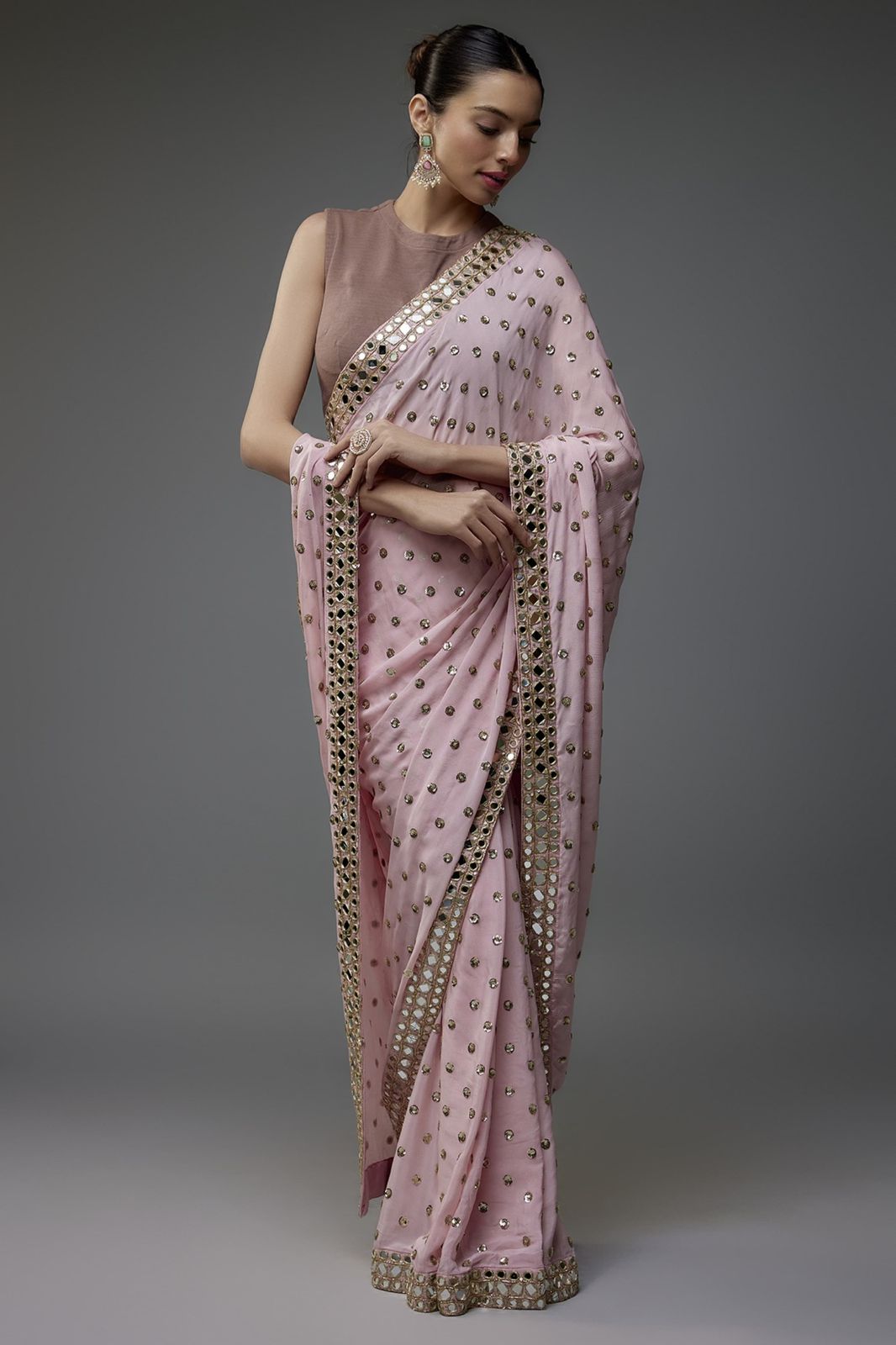Light Pink Faux Georgette Mirror Sequins Work Saree | Sarees, Bollywood Sarees, Creative Sarees, Designer Sarees, Embroidered Sarees, Ethnic Saree, Modern Digital sarees, Party Wear Sarees